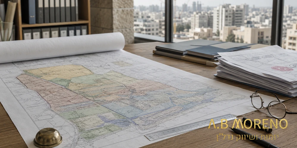 שולחן משרדי ועליו שרטוטים, תיק מידע תכנוני וכלים מקצועיים הממחישים תהליך של בדיקת ייעוד קרקע.