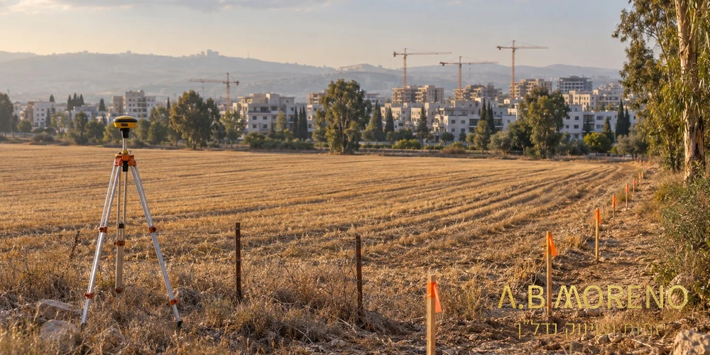 שדה חקלאי בישראל עם סימוני מדידה בגבול שכונה חדשה, המחשה להפקעת קרקע לצורכי ציבור